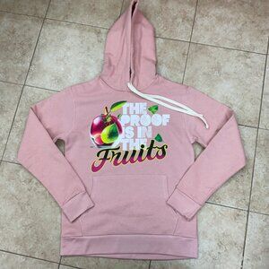 “The Proof Is in Fruits” Pink Hoodie – Colorful Graphic Pullover - Small size -